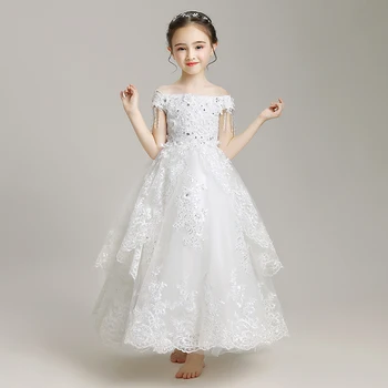 

Tassel First Communion Dress Lace Flower Girl Princess Gown Off The Shoulder Sequins Children Forma Dresses Bandage Baby Pageant