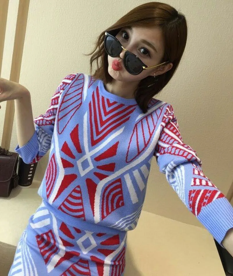 Women Knit Geometric Pattern Sweaters Tops + Skirt 2 Piece Set 2018 New Ladies Autumn Casual Long Sleeve Knitted Suit LY599