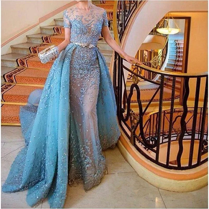 Kaftan 2017 Arabic Muslim Evening Dress Short Sleeve Blue Prom Dresses With Applique Mermaid Evening Dresses Long Robe De Soiree