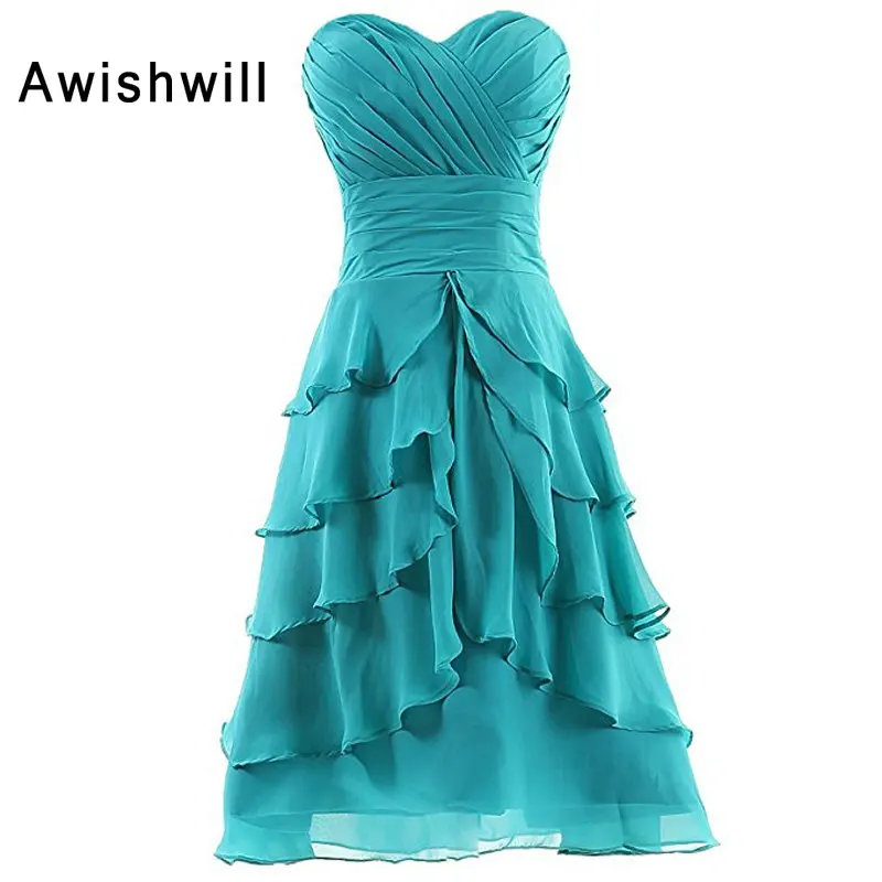 

Real Picture Sweetheart Neckline Ruched Tiered Chiffon Knee Length Turquoise Color Short Bridesmaid Dresses for Wedding