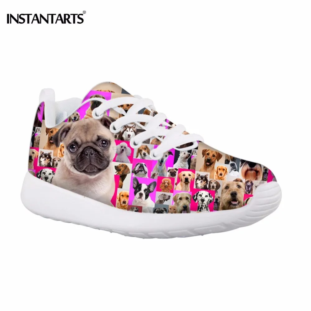 

INSTARTANTS Teenager Girl Boy Casual Lace Up Flats Shoes 3D Cute Dog Animal Puzzle Print Breathable Mesh Shoes Pug Dog Sneakers