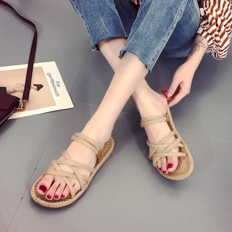 

YEELOCA Hemp Rope Cross-tie Women Slip-On Beach Sandals Slingbacks Cut-out Slippers Womens Shoes Flats Zandalias De Verano Mujer