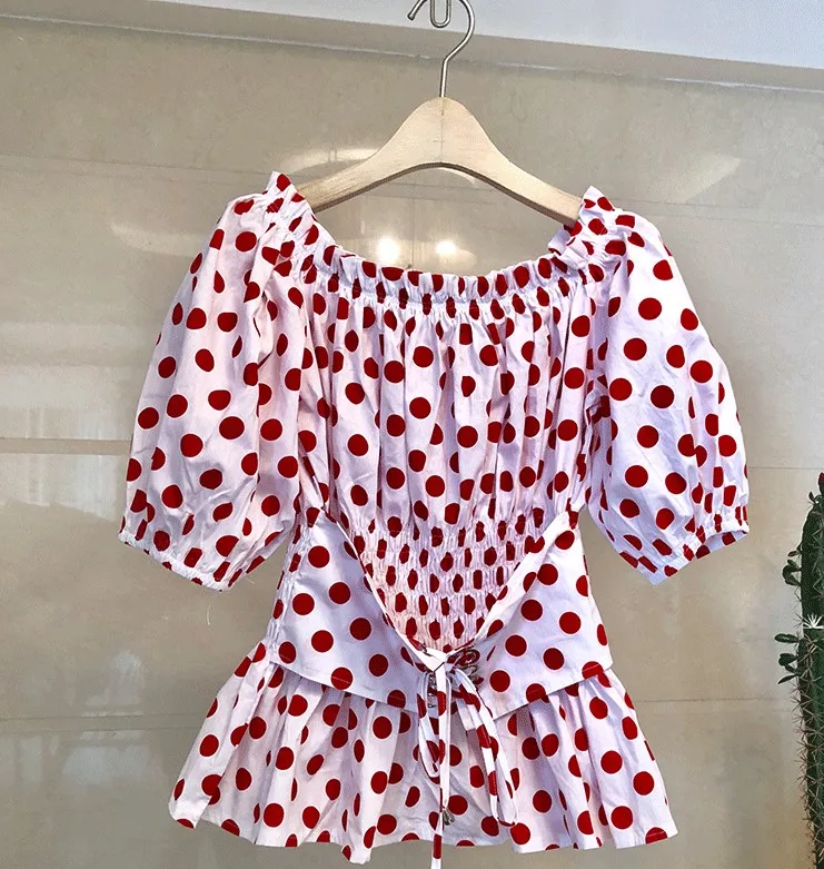 

JSXDHK Summer 2019 Sexy Off Shoulder Shirt Tops Women Polka Dot Print Red Cross Bandage Blouse Princess Cotton Blusas