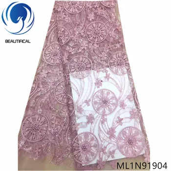 

BEAUTIFICAL african lace fabrics beautiful embroidery lace sequins fabric net lace fabric with beads for wedding 5yards ML1N919