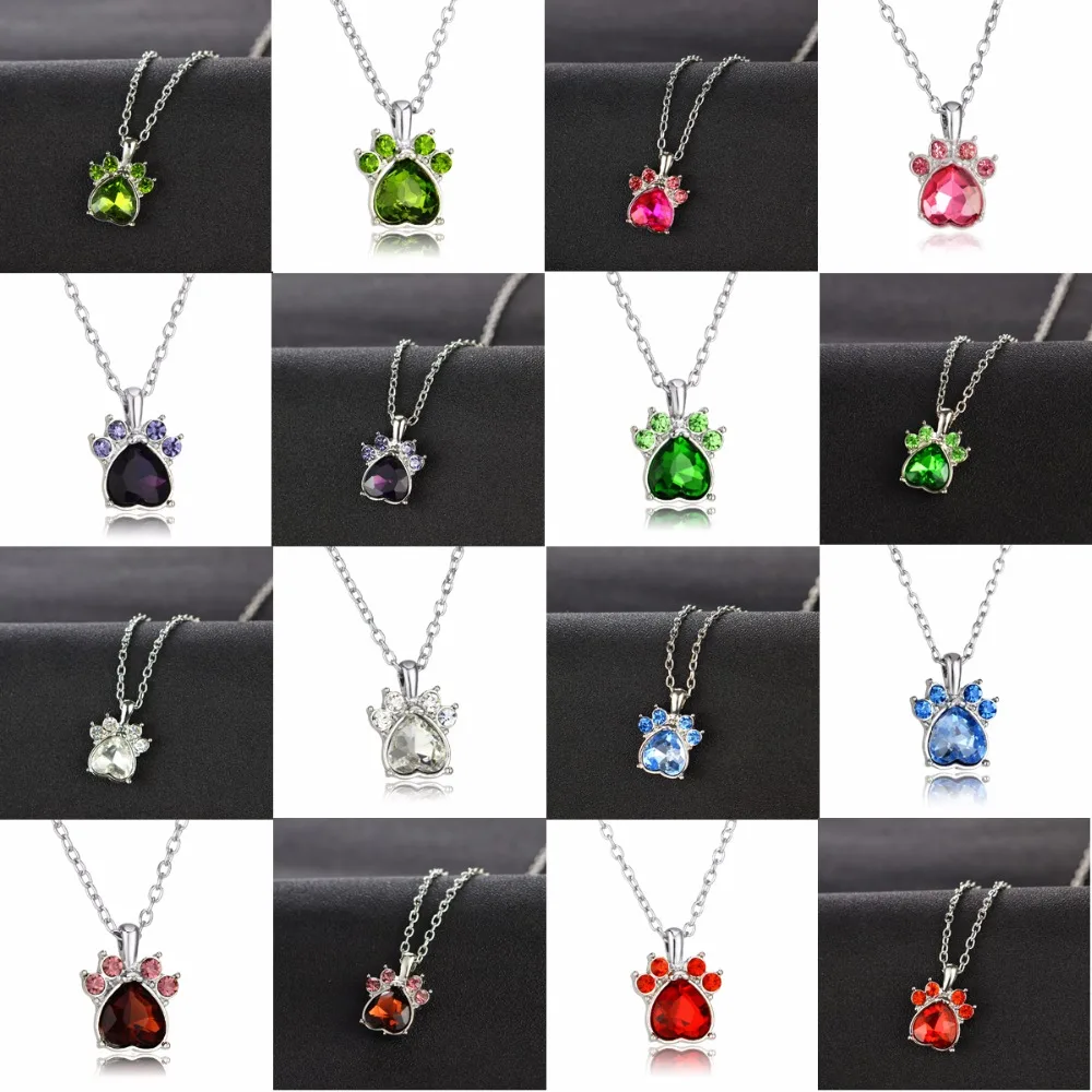 

Charm Multicolor Crystal Rhinestone Dog Claw Paw Birth Stone Pendant 12 Months Necklace Women Men Animal Pet Lover Jewelry Gifts