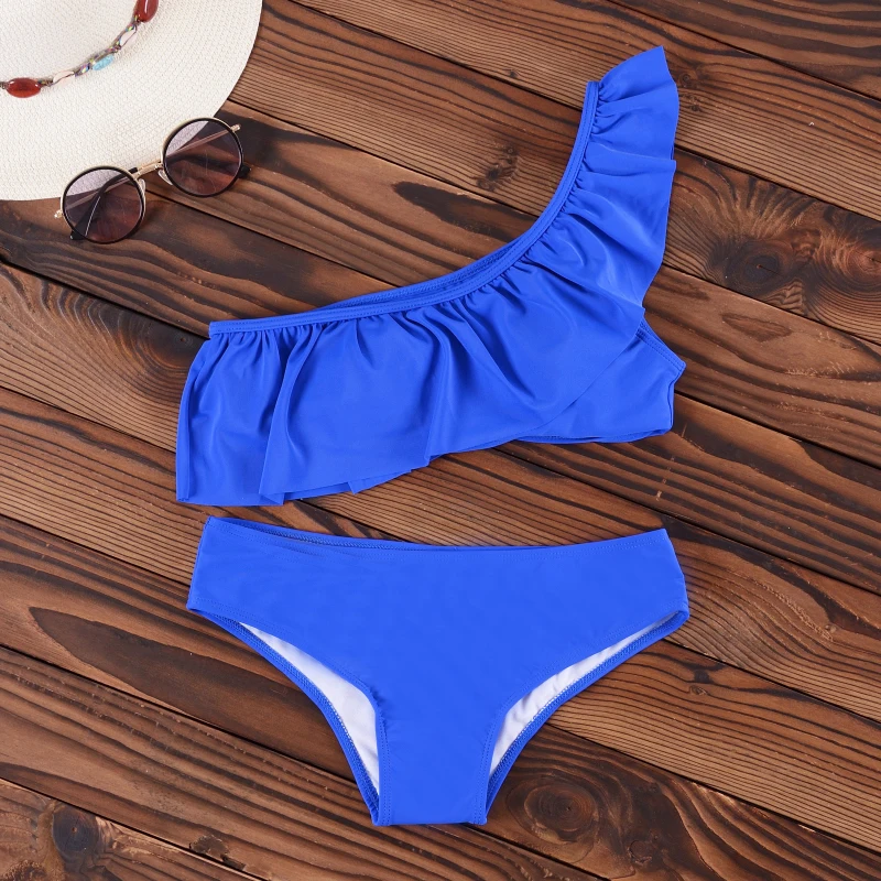 Hirigin Sexy One Shoulder Bikini Set Women Swimwear Dot Printed Ruffles Push Up Padded Swimsuit Summer Women Bathing Suit - Цвет: D Pure Blue