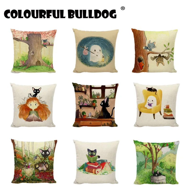 

Square Linen Black White Cat Animals Mouse Explore Together Printed Decorative Cushion Covers Home Decor Sofa Throw Pillow Cases