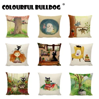 

Square Linen Black White Cat Animals Mouse Explore Together Printed Decorative Cushion Covers Home Decor Sofa Throw Pillow Cases