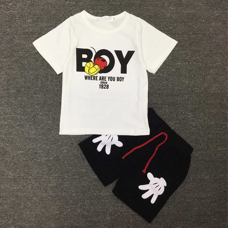 Детский комплект одежды; летняя одежда для мальчиков и девочек с рисунками из мультфильмов mickeyhands футболка+ Шорты 2 шт. комплект одежды для маленького ребенка для детей 2-7 лет