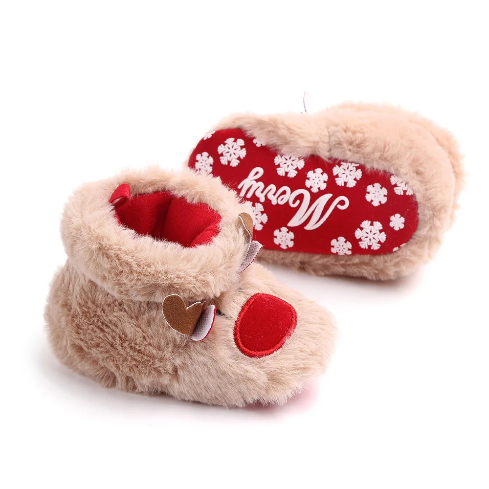 Рождественская обувь для младенцев, обувь для новорожденных, без шнуровки, однотонная хлопковая зимняя обувь с принтом оленя, теплая обувь