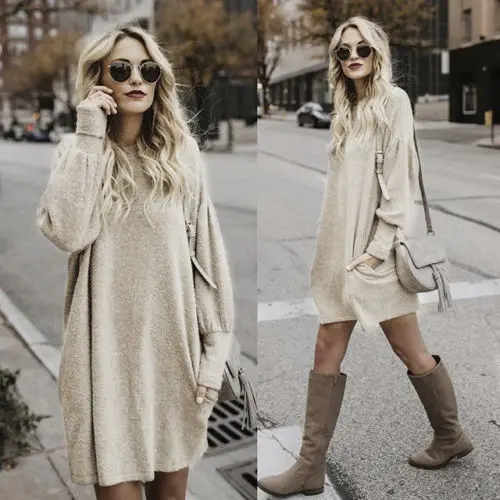 

2018 Fashion Women Winter Warm Dress Batwing Long Sleeve O-Neck Cotton Bodycon Mini Dress