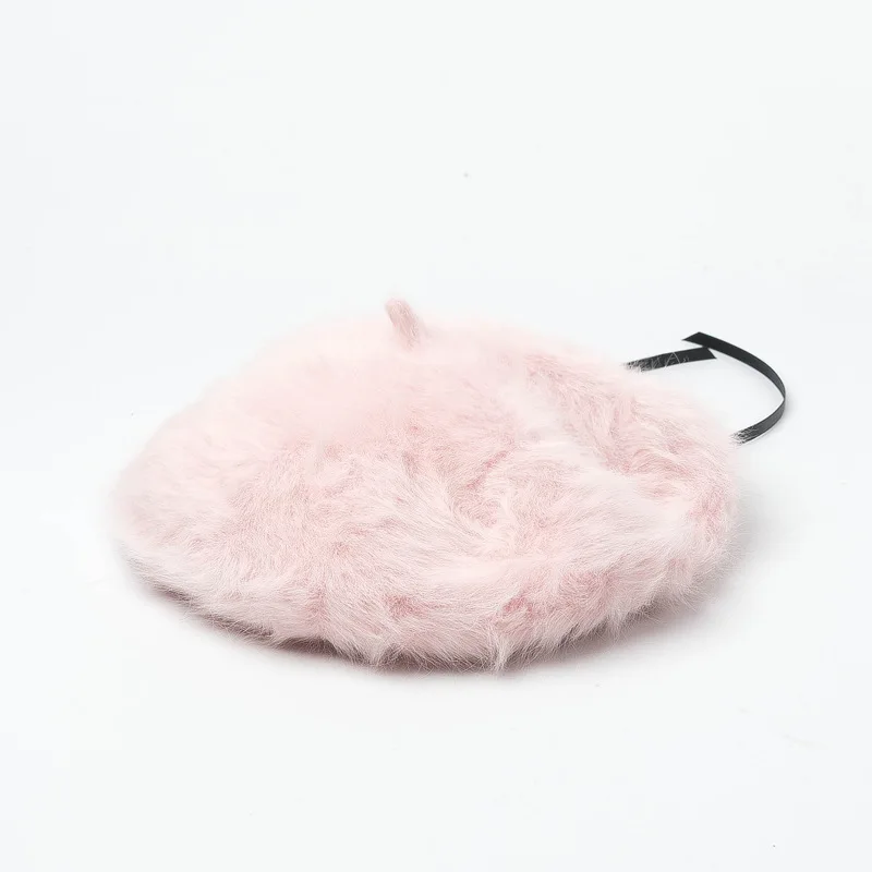 Осенне-зимние модные теплые мягкие кроличьи береты, шапка художника, регулируемая шапка с затяжкой, розовый берет, шапка для девочки, розовый берет - Цвет: pink