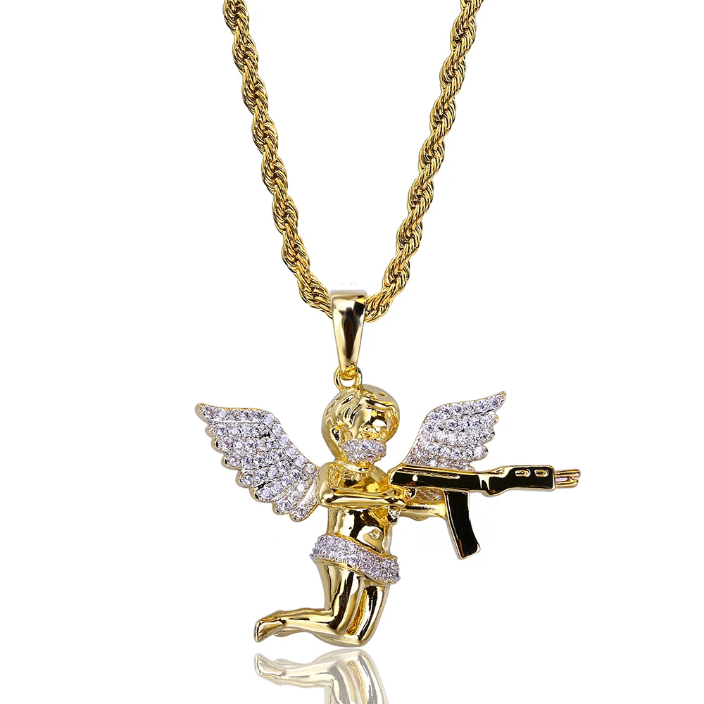 

New Style Hip Hop Rapper Jewelry Copper Bling Golden Iced Out CZ Crystal Cupid Angel Pendant Necklace For Men Street Party Style