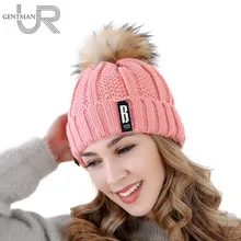 Высококачественная хлопковая Шапка-бини с надписью B, шапка с меховым помпоном, стильная зимняя женская шапка, теплая плотная вязаная шапка для девочек