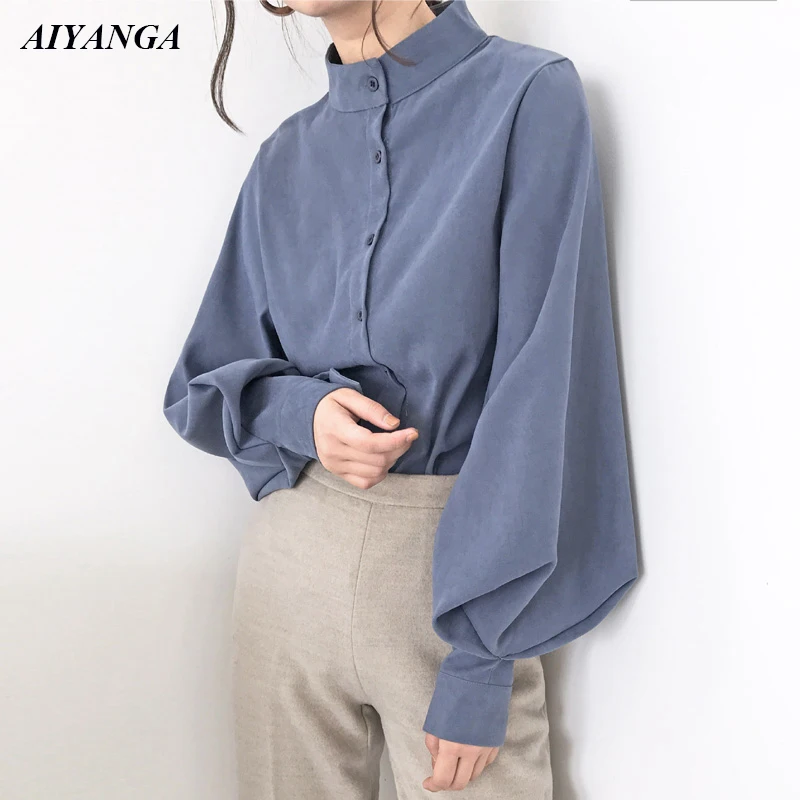 High Quality 2022 Spring Women's Shirt Vintage Casual Blouse Female Lantern Sleeve Stand Collar Thick Elegant blusas Office Lady