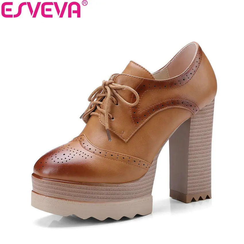 

ESVEVA 2018 Square High Heels Women Pumps Concise Out Door PU Leather Round Toe Lace Up Platform 3.5cm Ladies Shoes Size 34-42