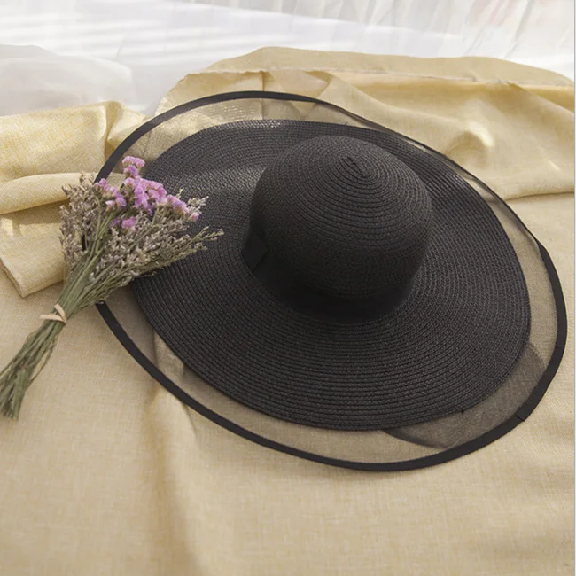 Новинка, женские шляпы с широкими полями, соломенная шляпа с широкими полями, летняя пляжная кепка в богемном стиле с лентой, женская черная шляпа - Цвет: black