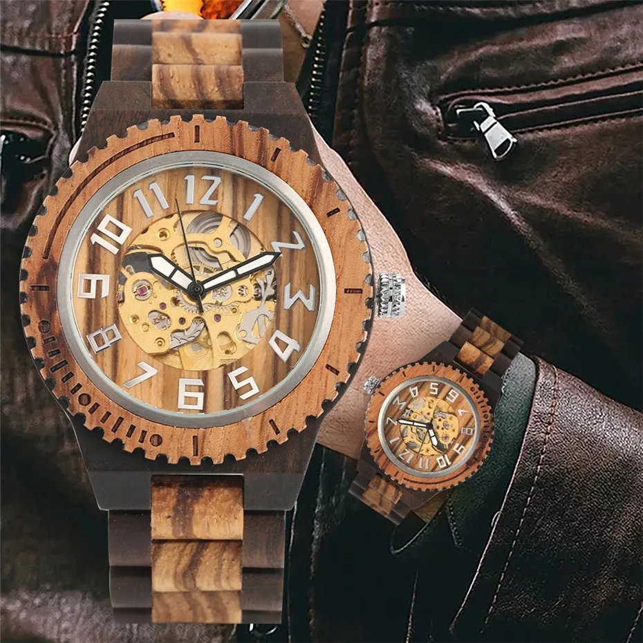 Автоматический деревянный часы Для мужчин, мужские часы класса люкс деревянный браслет ремешок арабскими цифрами Дисплей с автоподзаводом мужские механические часы