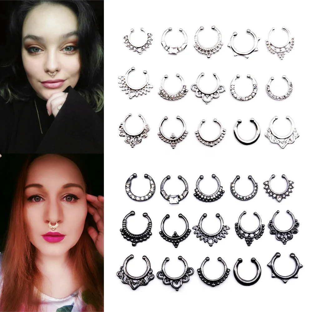 

Fashion Crystal Fake Nose Ring Black Color Silver Color Round Septum Piercing Clicker Faux Clip Non Body Hoop for Women Jewelry