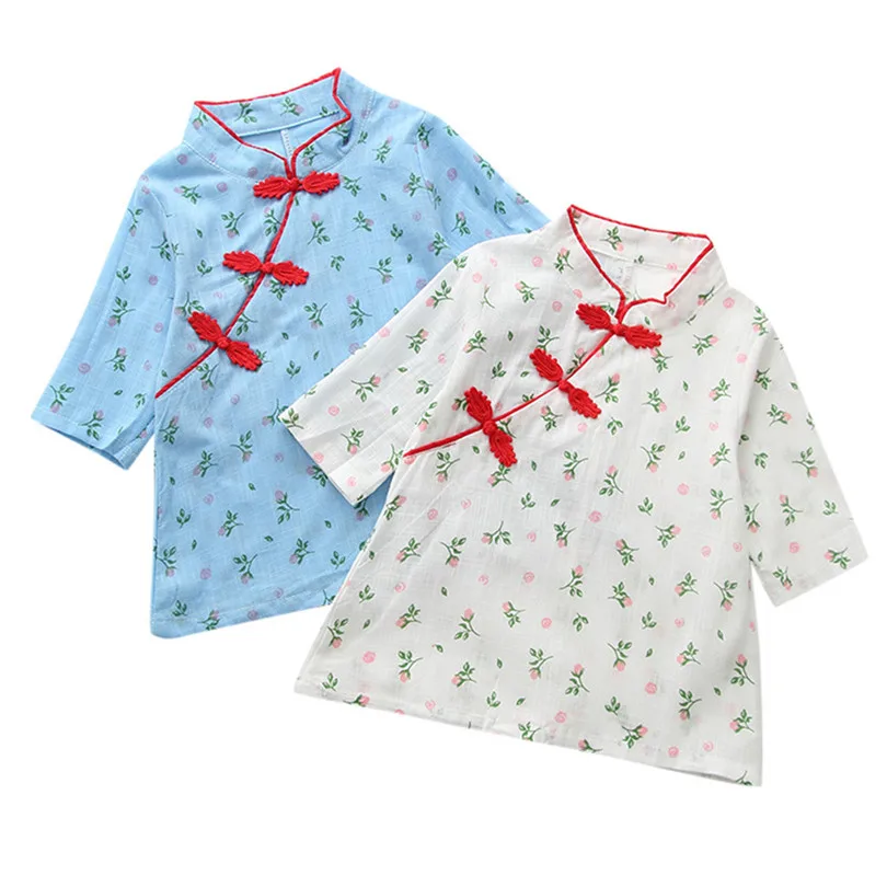 Новинка 2019 года, топы Cheongsam с цветочным принтом и розами для маленьких девочек, повседневная одежда, Модный милый дизайн, #4m26