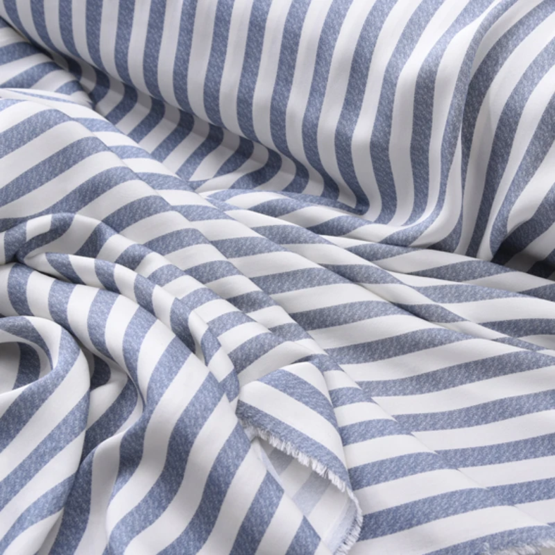 

105CM Wide 19MM Blue White Stripe Print 90% Silk 10% Lycra Stretch Silk Fabric for Dress Cheongsam Pant Shirt H392