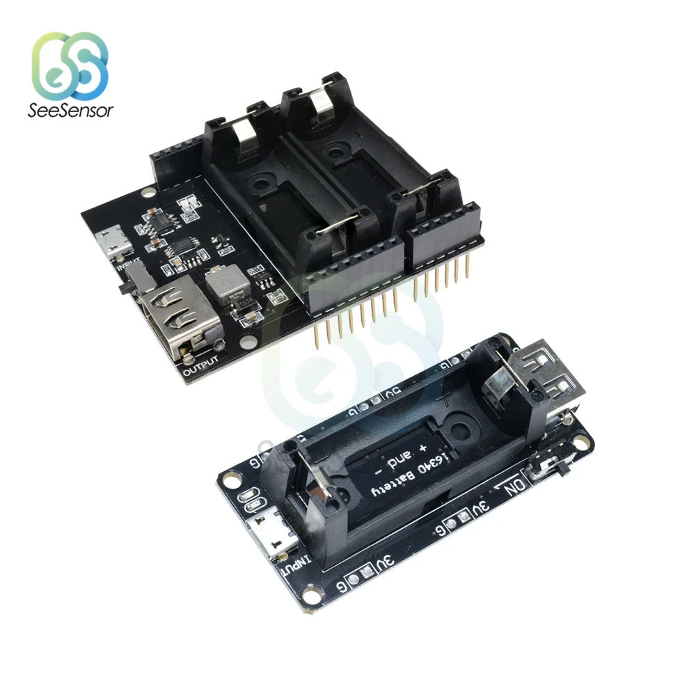 

ESP8266 ESP32 Dual 16340 Lithium Battery Charger Shield USB Mobile Power Bank Battery Holder Charger Board Module For Arduino