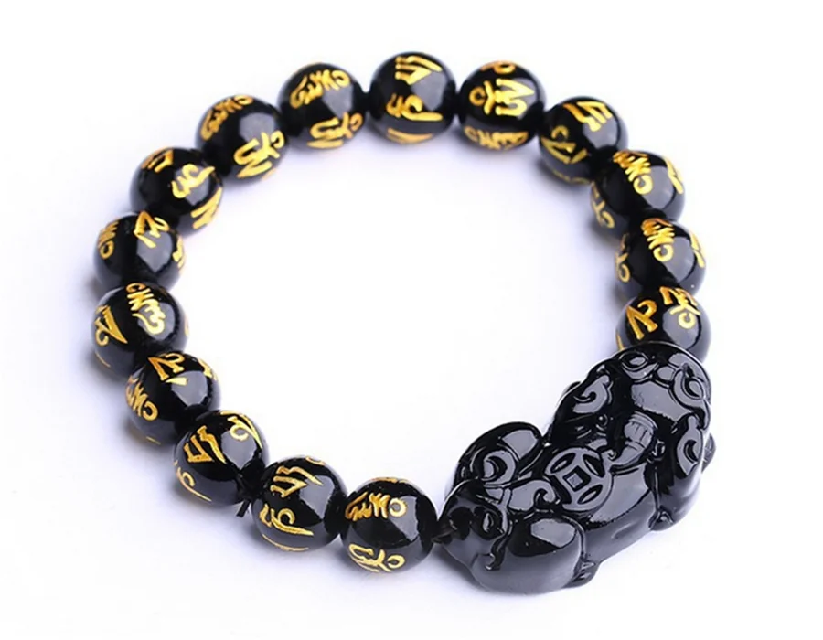 

Genuine Natural Black Obsidian Gemstone Bracelet Six Words Pi Xiu Shape Crystal Round Bead Bracelet 10mm 12mm 14mm 16mm 18mm