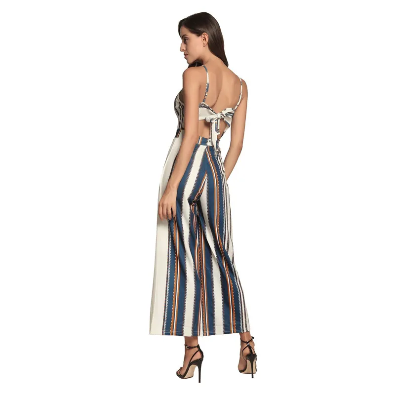 sexy backless striped rompers womens jumpsuit summer casual one piece wide leg jumpsuits long pants combinaison pantalon DC18634