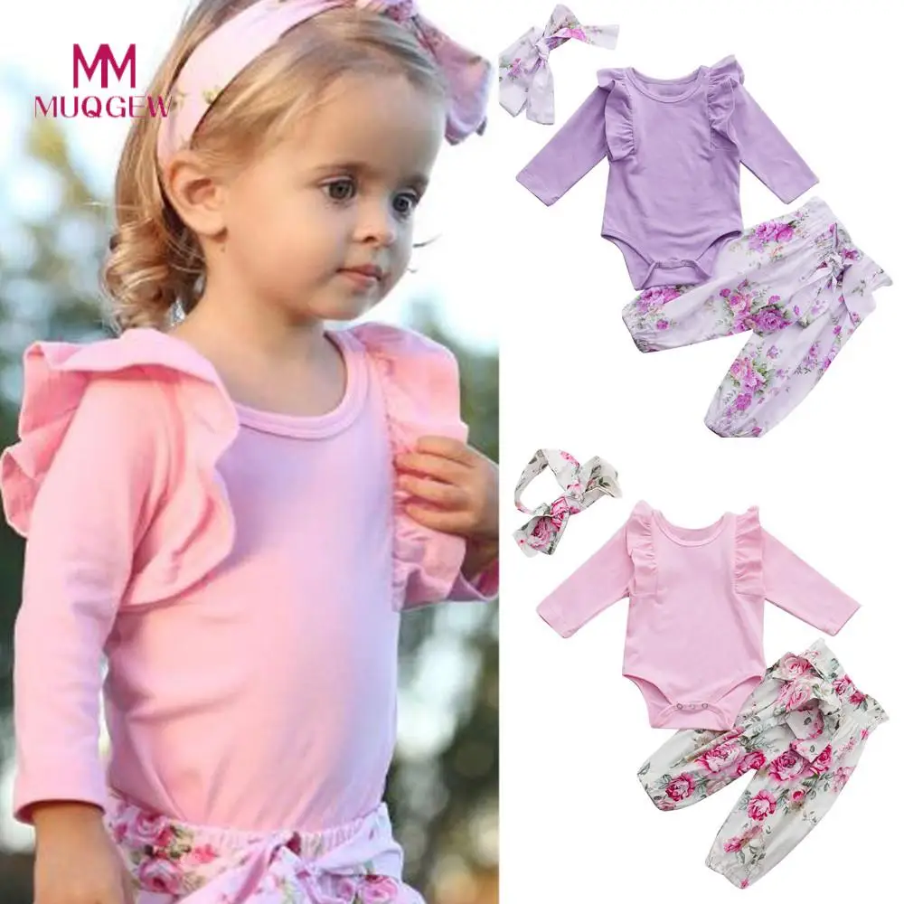 MUQGEW/Одежда для маленьких девочек, хлопковый комбинезон с длинными рукавами и рюшами для новорожденных девочек + штаны с цветочным принтом