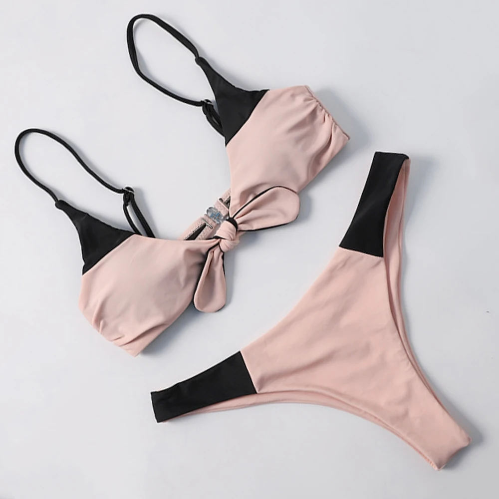 

Solid Bikini Set Patchwork Swimwear Women Sexy Thong Swimsuit Tie Front Bikini Halter Bandage Bathing Suit Padded Swimming Suit