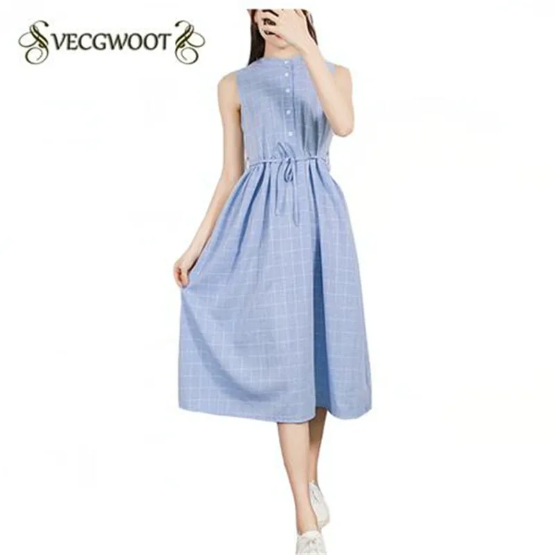 

Dresses Summer Sleeveless Women Dress 2017 New Casual Medium long Cotton Linen Plaid Women Dress S-XL WON190