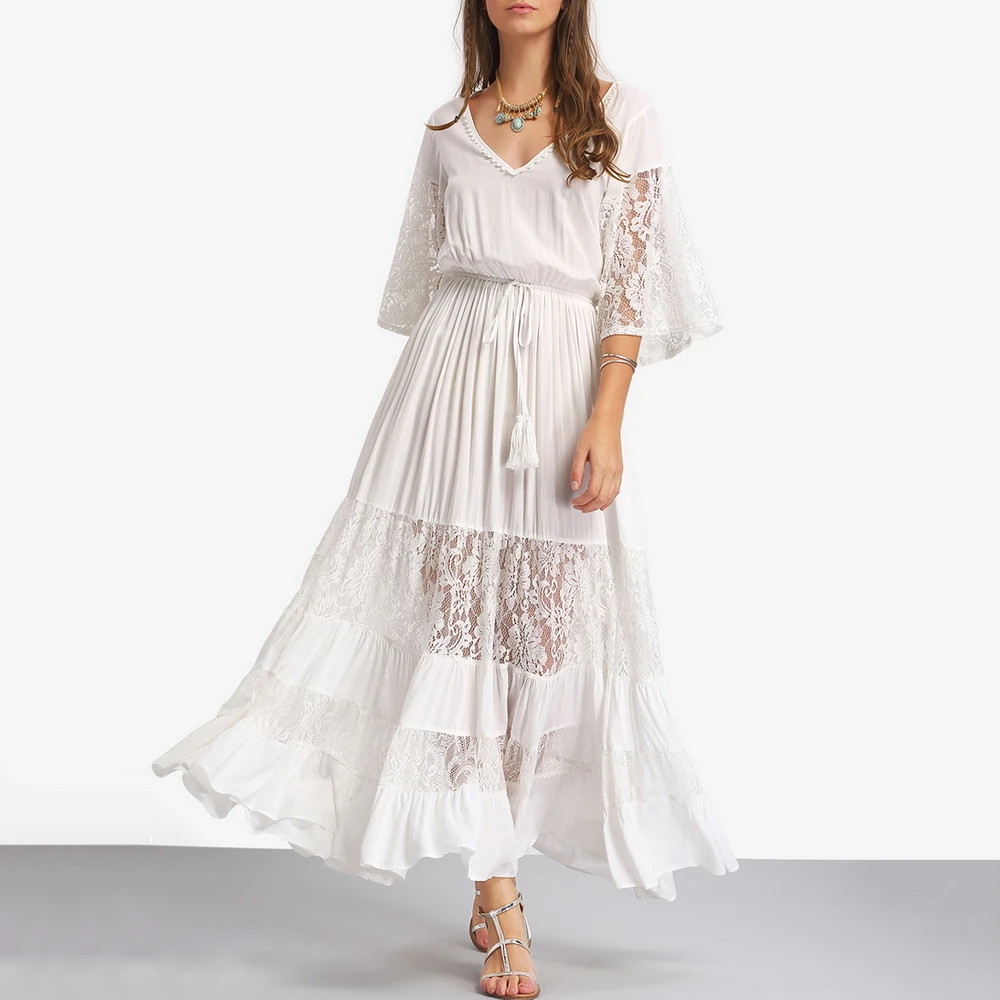 

2018 Brand Europe&US Style New V-Neck Lace Stiching Waistband Trumpet Sleeve Patchwork Fashion Ankle-Length Casual VestidosDress