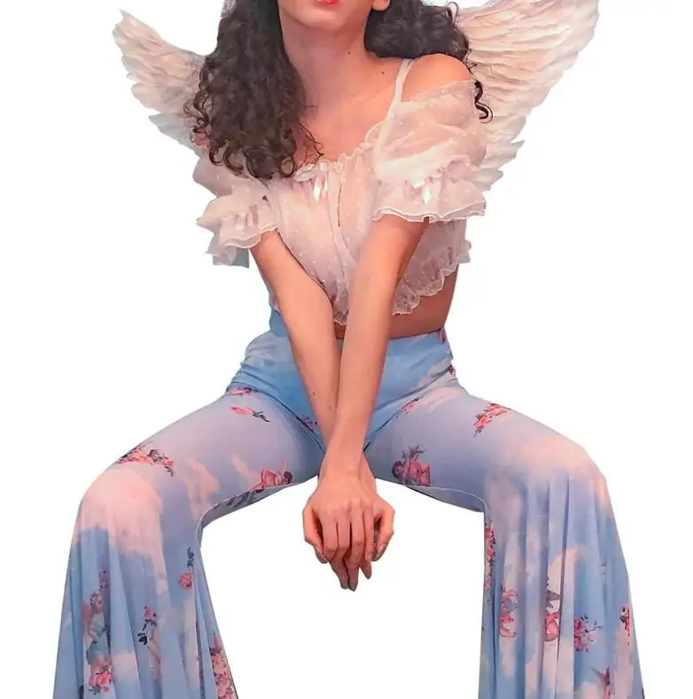 

New women's openwork angel print fashion flared pants