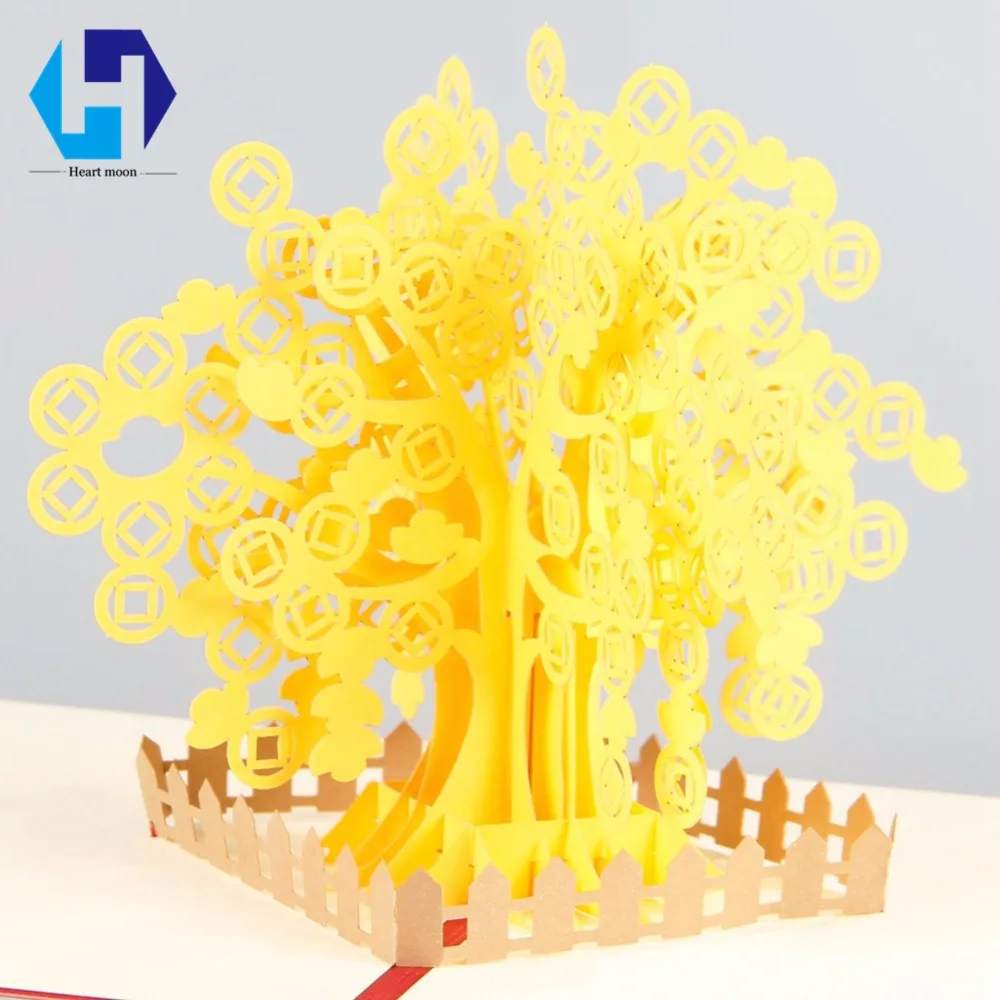 Золотой денежное дерево 3D pop up цветок открытка Новый год лазерной резки открытки