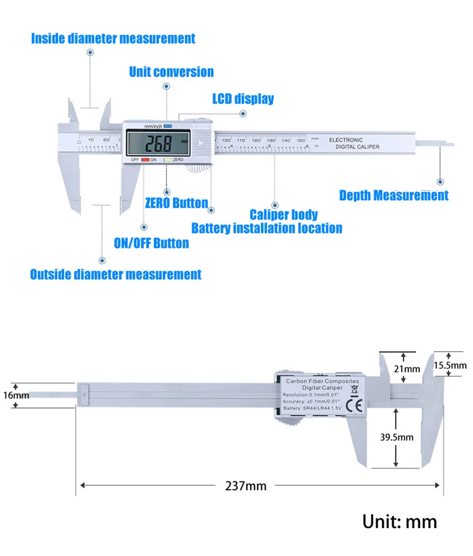 WIRLDLIGHT 150 мм пластиковый цифровой Электронный штангенциркуль 6 дюймов HD штангенциркуль из углеродного волокна микрометр