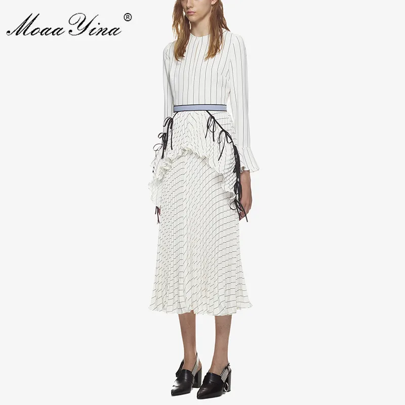 MoaaYina 2018 Styliste Piste Automne Rayé Robe Mi longue à manches Longues Mince Volants Blanc Élégant Carrière Robe De Bureau dans Robes de Mode Femme et