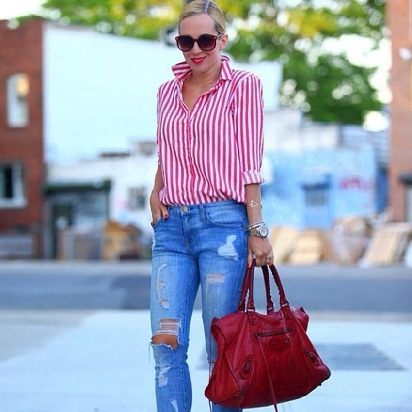 Prix Femmes de base rayé casual blouse à manches longues tournent vers le bas chemises dames irrégulière bureau porter chic tops blusas