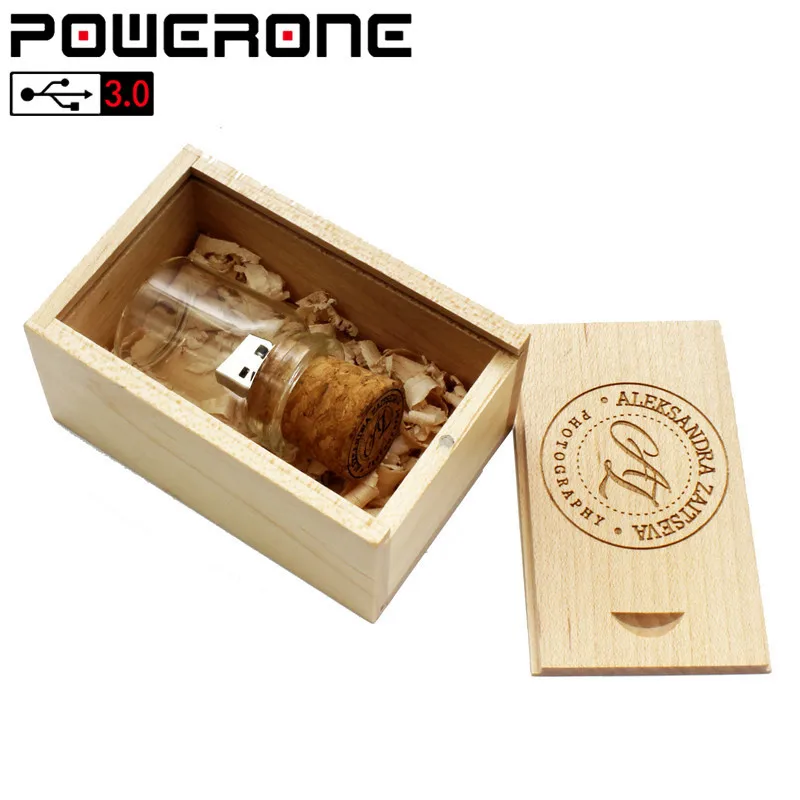 POWERONE USB 3,0 Дрифт Бутылка пробка+ деревянная коробка Флешка 4 ГБ 16 ГБ 32 ГБ 64 Гб карта памяти стеклянная бутылка пожеланий usb флэш-накопители подарок