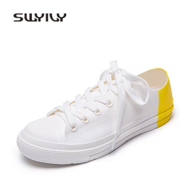 

SWYIVY womens rubber boots spring 41 2018 waterproof shoes woman casual canvas shoes low cut lacing leisure anti-slip rain boots