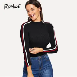 ROMWE черный полосатый свитер с панелью модная женская Повседневная осенняя одежда женские со стоячим воротником тонкие свитера и пуловеры