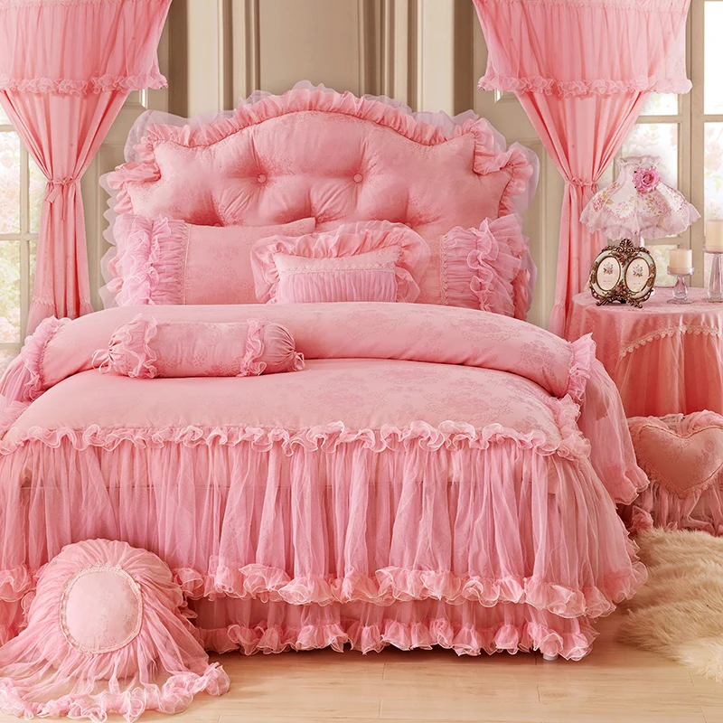 

Pink Princess lace jacquard luxury wedding 100% Cotton Bedding Set Duvet Cover Bed Linen Bed skirt Pillowcases King Queen Size