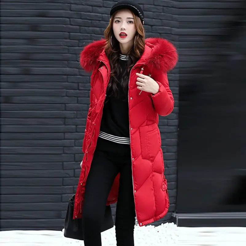Модные Повседневные парки размера плюс, Женское зимнее пальто, куртки с большим воротником из искусственного меха, толстое теплое пальто с хлопковой подкладкой для женщин LJ0531 - Цвет: Красный