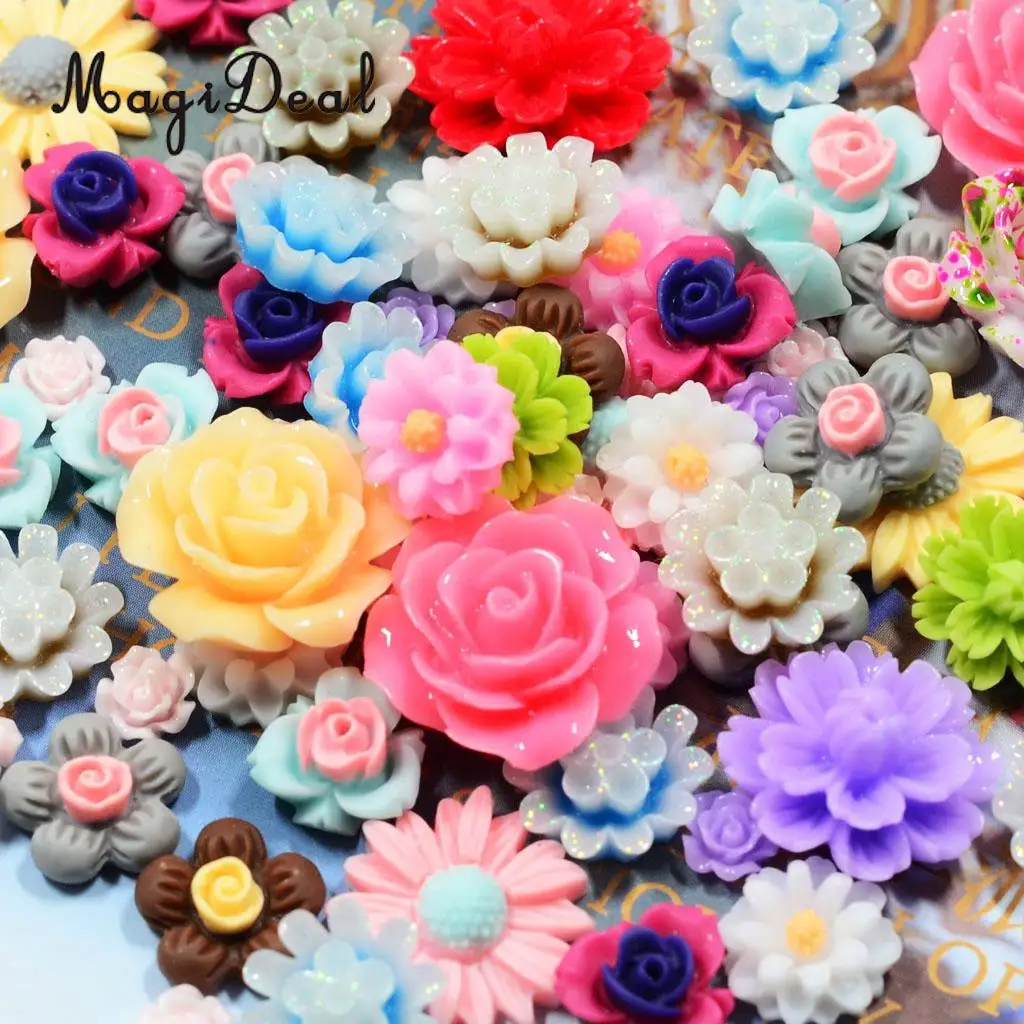 MagiDeal 50Pcs Assorted Colors Size Resin Rose Flower Carving Rose Flower Beads Accessories Synthetic stone material 