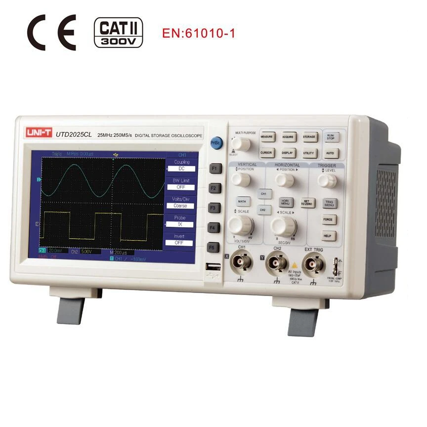 

UNI T UTD2025CL Digital Storage Oscilloscope 2CH 25MHz Bandwidth 250Ms/s Desktop Scopemeter USB drive system 7inchs LCD display