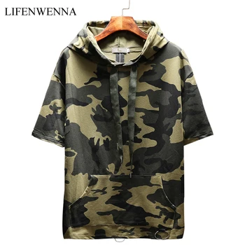 

New Arrival Men's Sweatshirts 2019 Fashion Camouflage Short Sleeve Mens Hooded Sweatshirts Casual Pullover Hoodies Men M-5XL