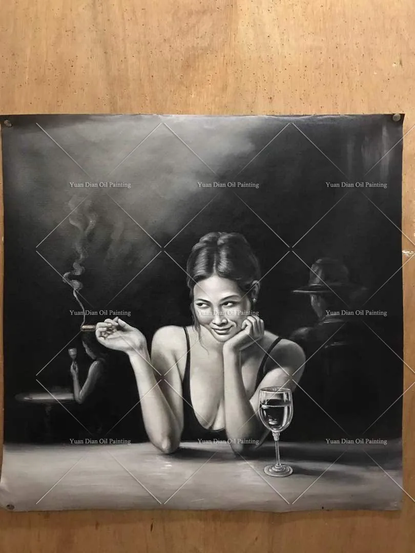 

Smoking Cigar Portrait Style Picture Sexy Lady Oil Painting On Canva 100% Handmade Portrait Painting For Cigar Room Decoration
