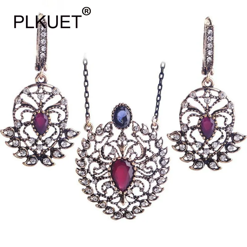 

PLKUET Vintage Red Jewelry Sets Pendant Necklace Earring Colar Max Brincos Princess Hooks Accessories Bijuterias Turkish Bijoux