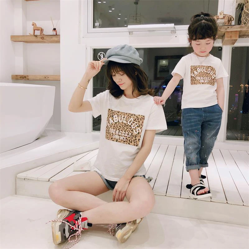 New Adult Kids Family Matching Clothes Casual Tees Father Mother Leopard Printed T-shirts Short Sleeve Cotton Mom Dad Girls Tops