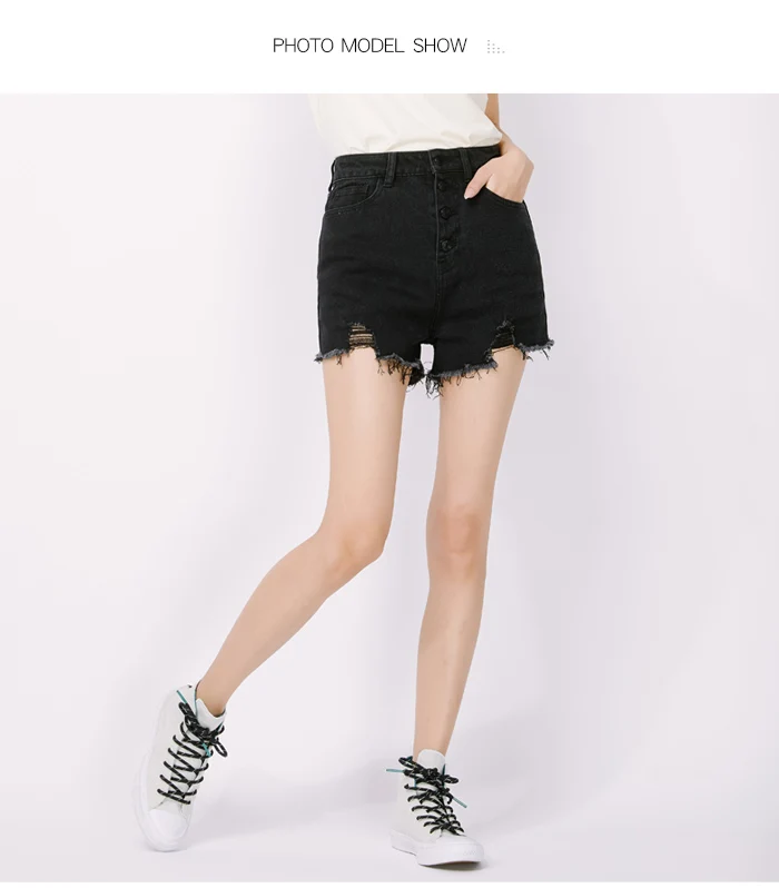 LEIJIJEANS новые женские уличный стиль с высокой талией бахромой джинсы с дырками лето плюс размеры деним шорты с ширинкой на пуговицах черные
