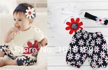 3pcs Baby Girl Kids T-shirt Clothes Headband+Top+Pants Shorts Outfit Clothing